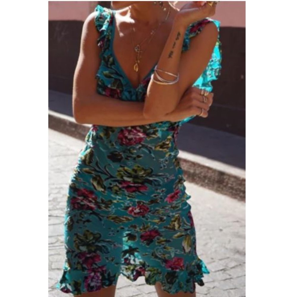 Rat & Boa Women Blue Silk Boho Floral Exposed Back Frida Mini Dress Medium